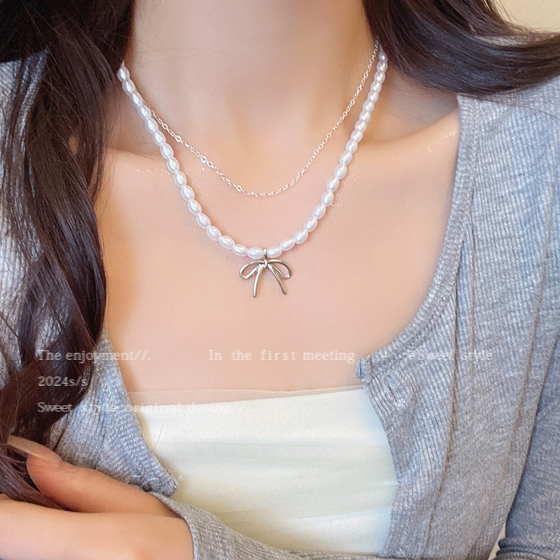 Double Layer Pearl Necklace Women Bow Necklace