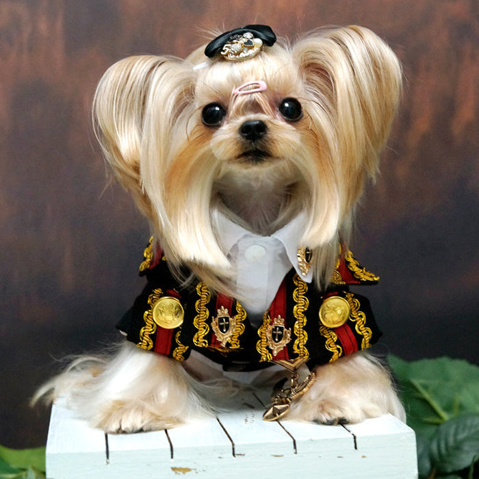 Handcrafted Royal Military Pet Suit Gold Trimmed Dog Outfit Jacket Suit Shirt Two-Piece Prince Uniform Badge