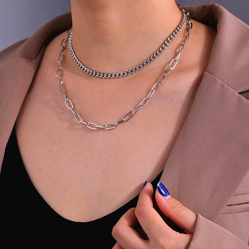 Double Layered Cuban Link Rectangle Chain Choker Necklace