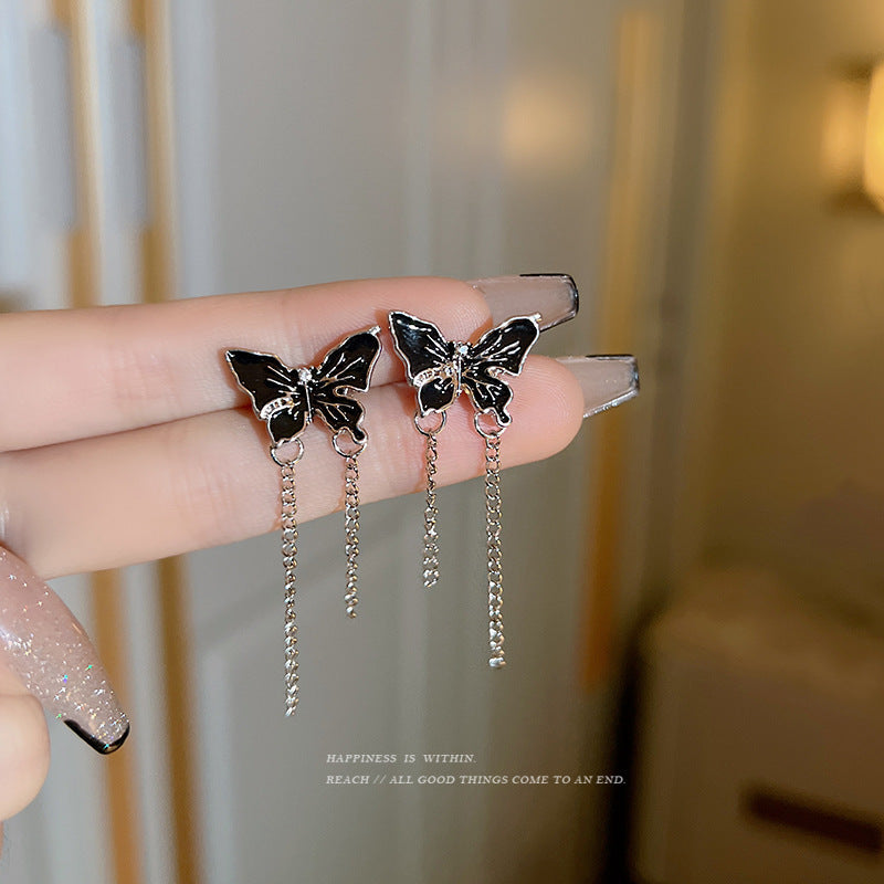 Black Enamel Butterfly Tassel Earrings