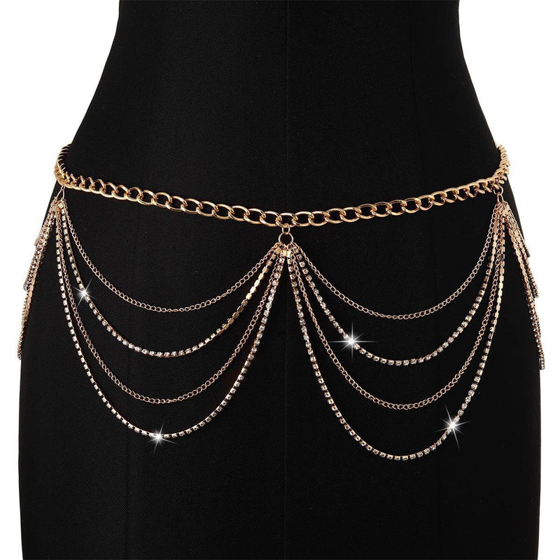 Metal Rhinestone Waist Chain Tassel Multi-layer Waist Chain