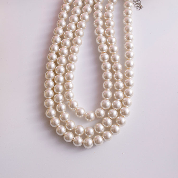 White Pearl Layered Necklace Multi Strand Beaded Pearl Necklace