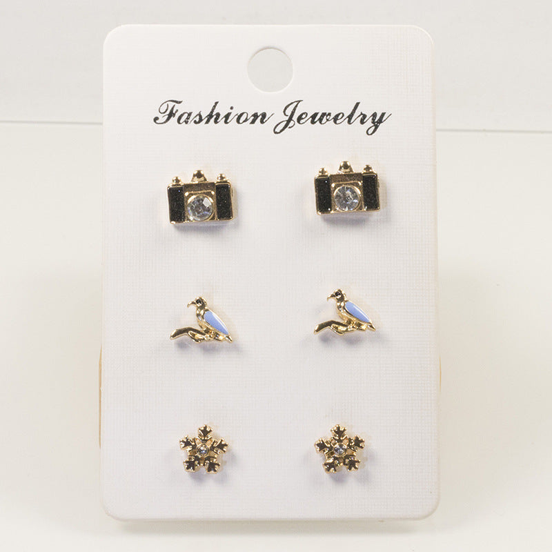 Camera Bird Stud Earrings Set