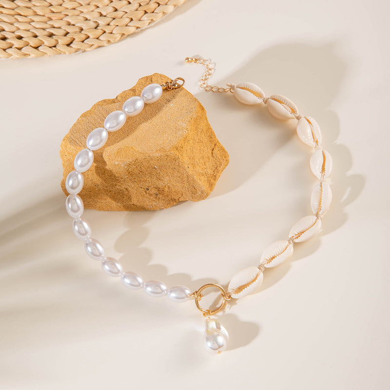 Elegant Bead Chain Pearl Sea Shell Pendant Necklace