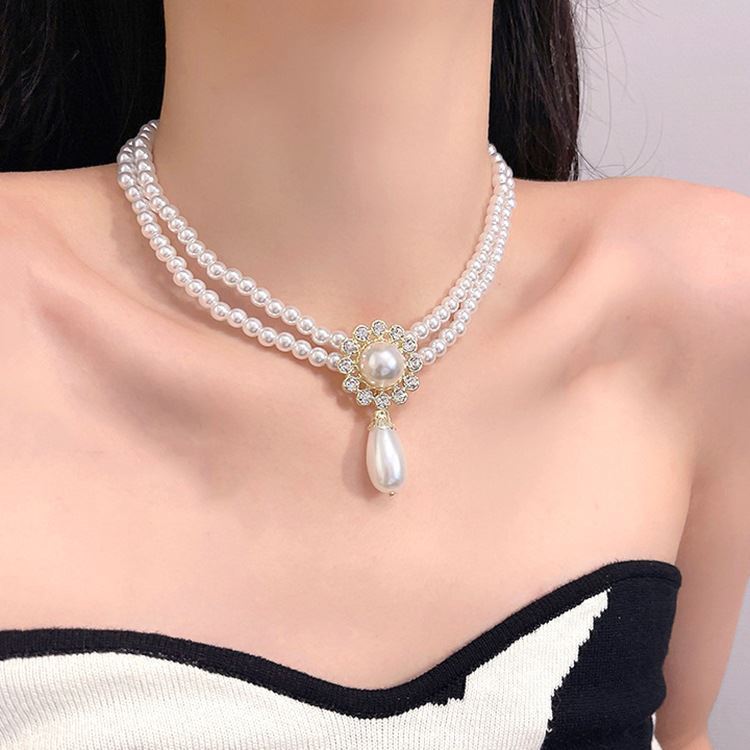 Vintage Courtly Double Pearl Clavicle Chain Necklace