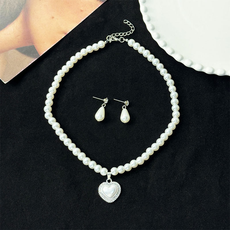 Pearl Heart Necklace Jewelry Set