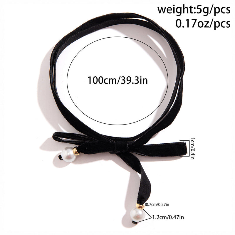 Velvet Pearl Bow Ribbon Choker Simple Long Lace up Choker Necklaces