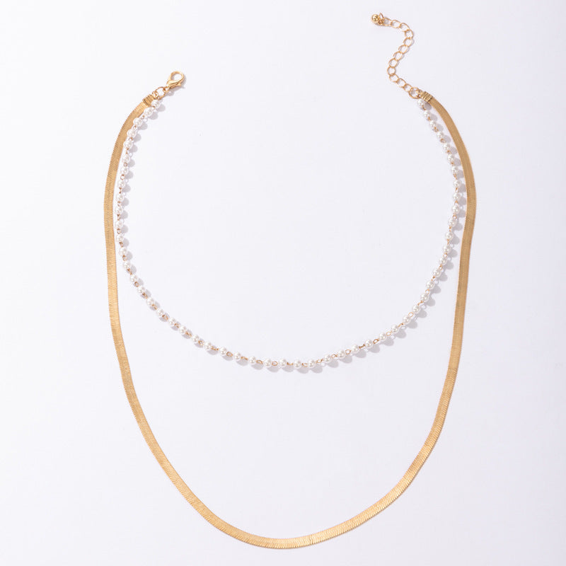 Multilayer Pearl Flat Blade Chain Choker Necklace