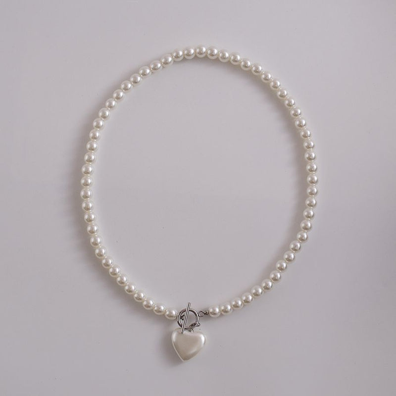 Glass Pearl Love Pendant Necklace with Clavicle Chain