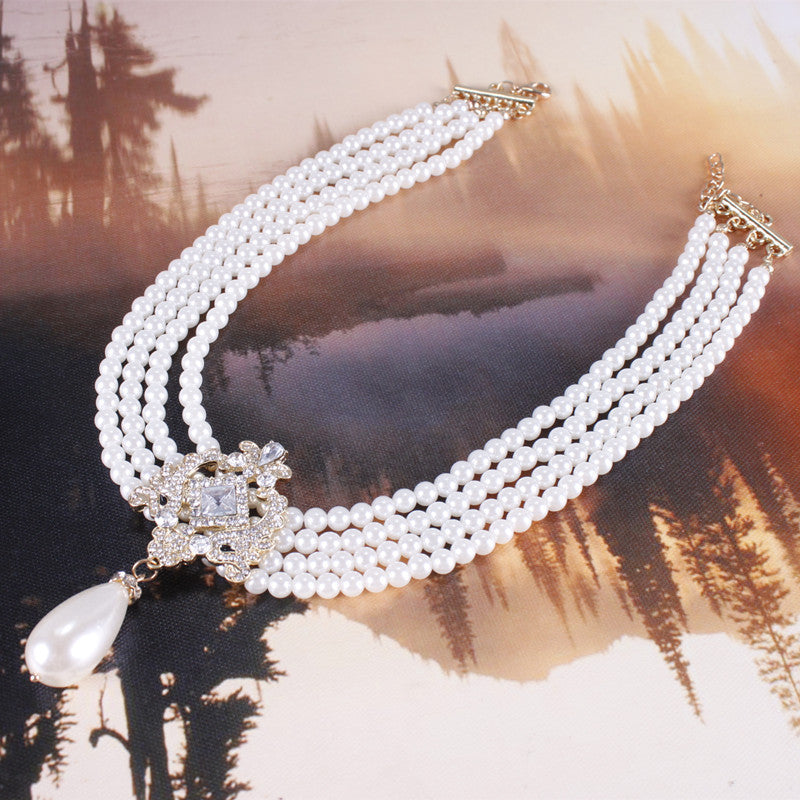 Multi-layered Pearl Necklace Exaggerated Rhinestone Sweet Bride Necklace