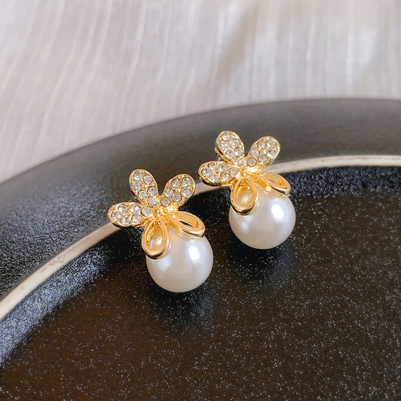 Five-Petal Flower Pearl Drop Earrings