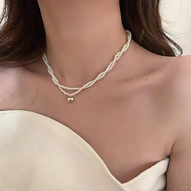 Multi Layer Pearl Necklace Luxury Wrapping Heart Pendant Chain Choker for Women