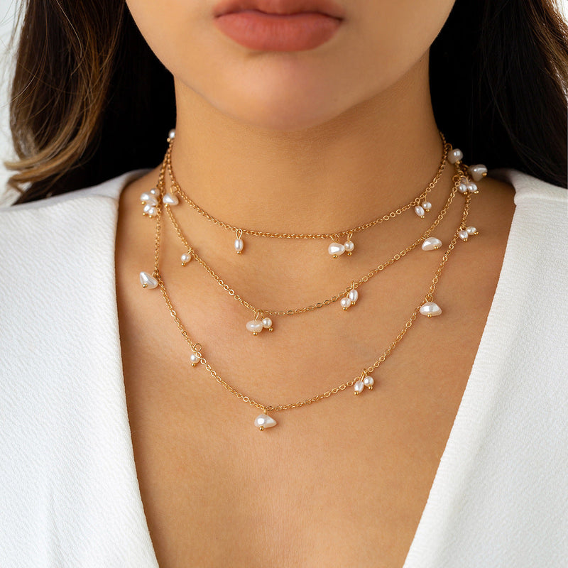 Women Pearl Bead Multi-layer Collarbone Chain Necklace