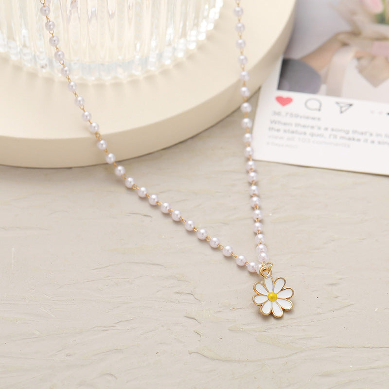 Enamel Flower Necklace Pearl Daisy Pendant