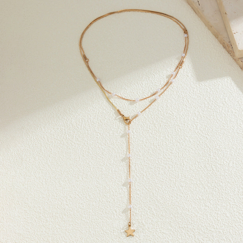 Pearl Fringe Star Round Piece Pendant Chain Necklace