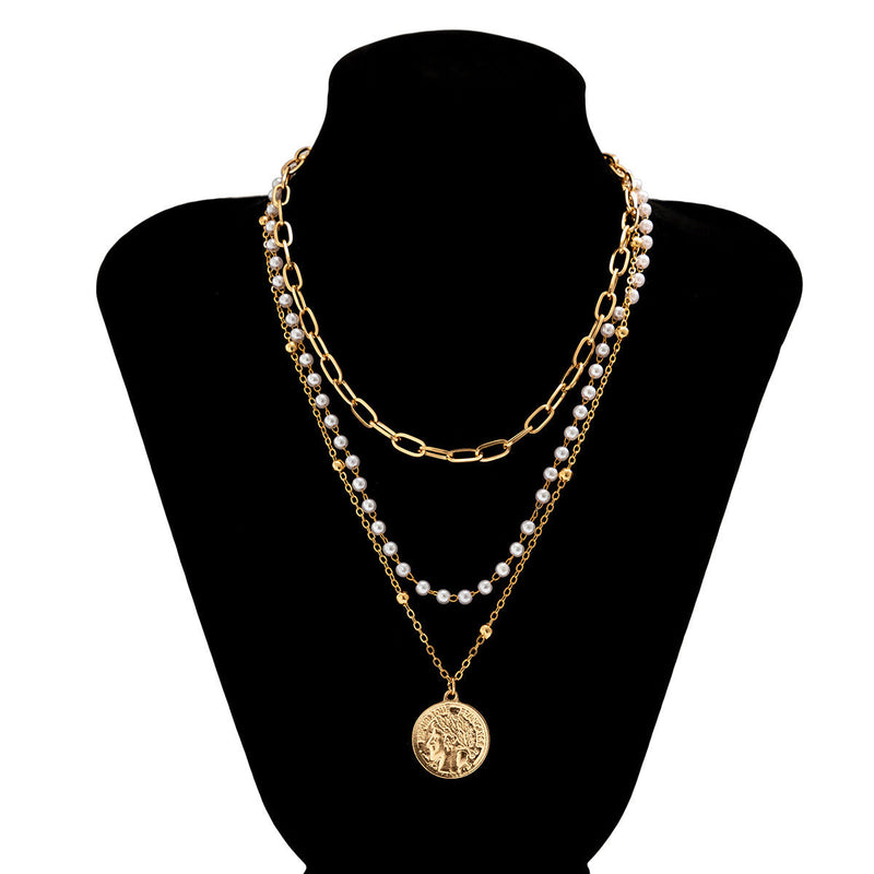 Women Pearl Bead Multi-layer Collarbone Chain Necklace