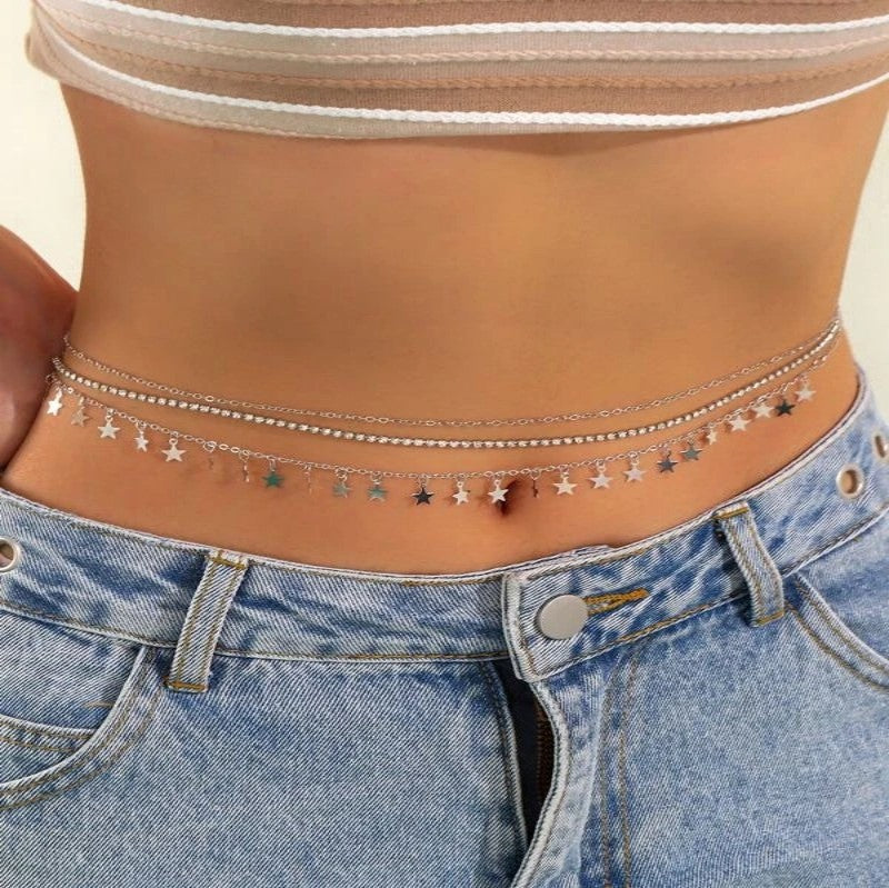 Geometric Rhinestone Star Pendant Tassel Belly Waist Chain for Women