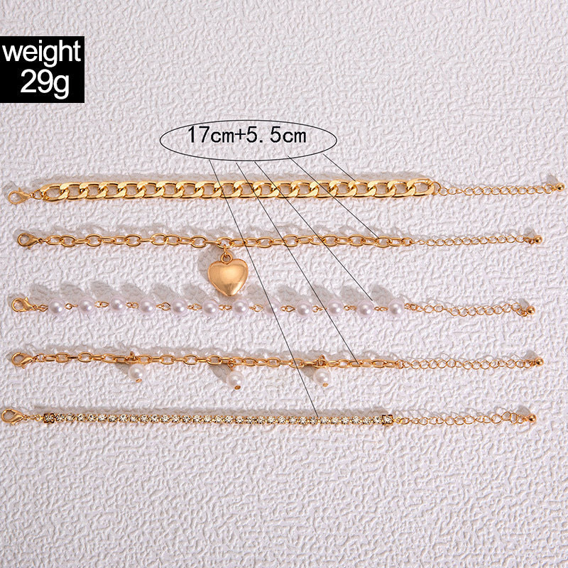 Pearl Beads Layered Bracelet Set Love Heart Pendant