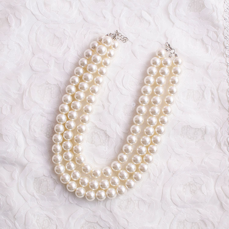 White Pearl Layered Necklace Multi Strand Beaded Pearl Necklace