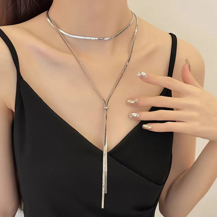 Pull Out Long Snake Chain Necklace Layer Tassel for Women