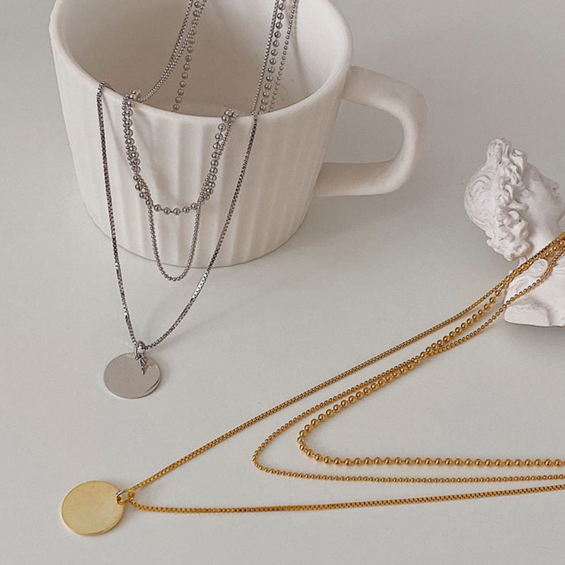 Multi 3 Layers Chain Metallic Metal Round Disc Pendant Necklace