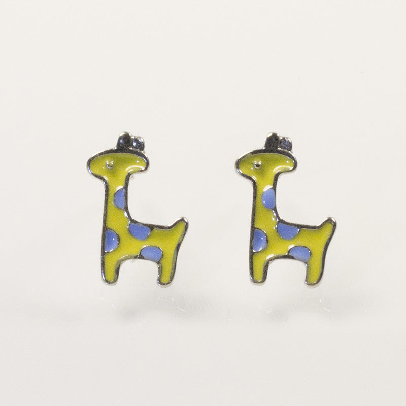 Yellow Enamel Animal Giraffe Deer Stud Earrings