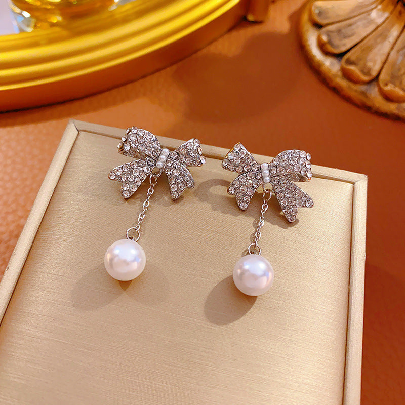 Crystal Rhinestone Bow Pearl Drop Stud Earrings