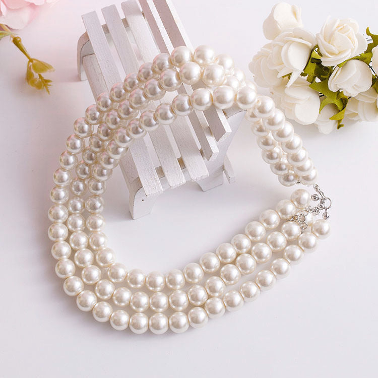 White Pearl Layered Necklace Multi Strand Beaded Pearl Necklace
