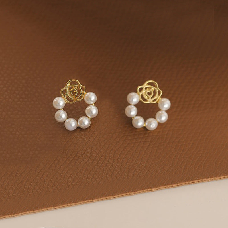 Hollow Rose Pearl Women Earrings