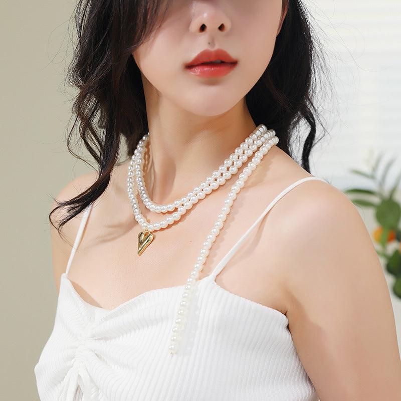 Layers Pearl Necklace Women Jewelry Heart Pendant