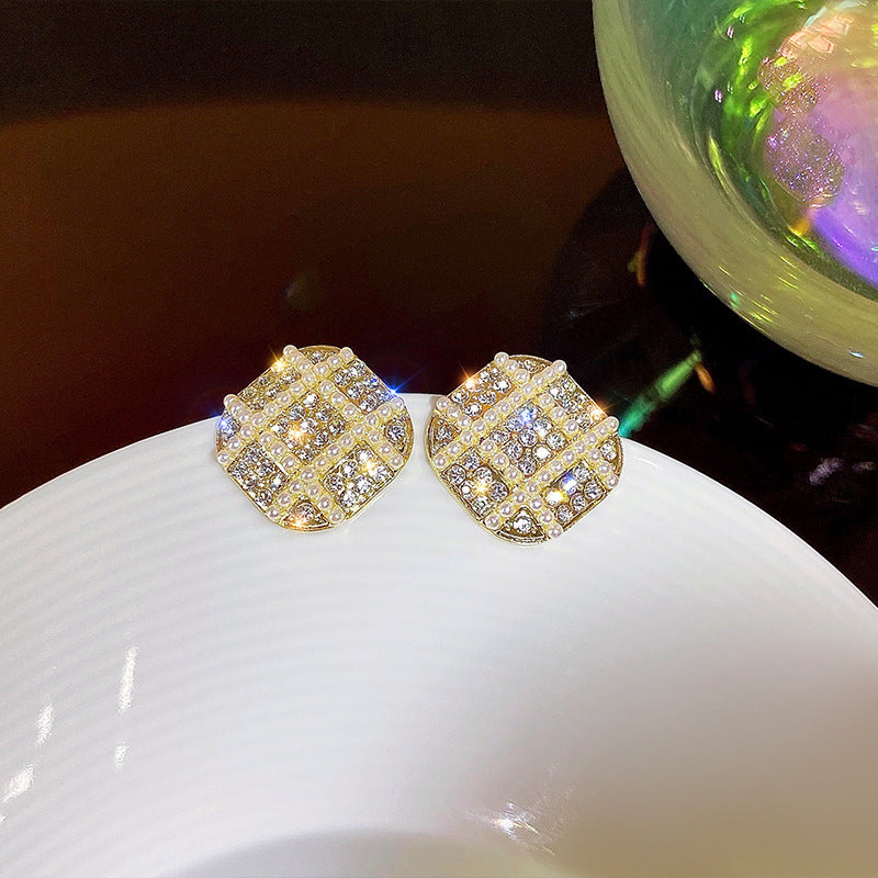 Geometric Rhinestone Small Pearl Square Earrings