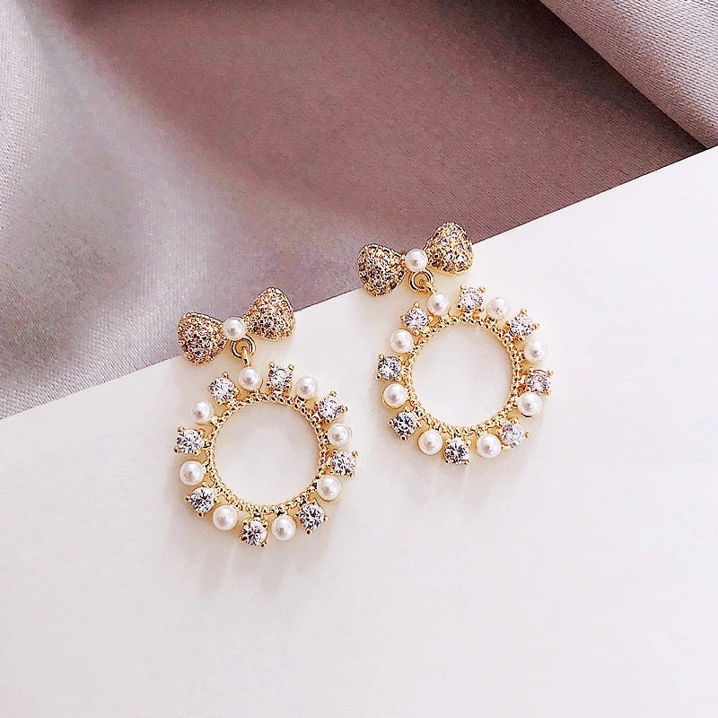 Pearl Circle Drop Bowknot Stud Earrings
