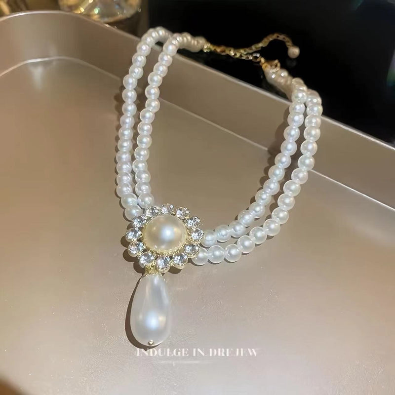 Pearl Double Clavicle Chain Stone Round Pearl Earring Necklace Set