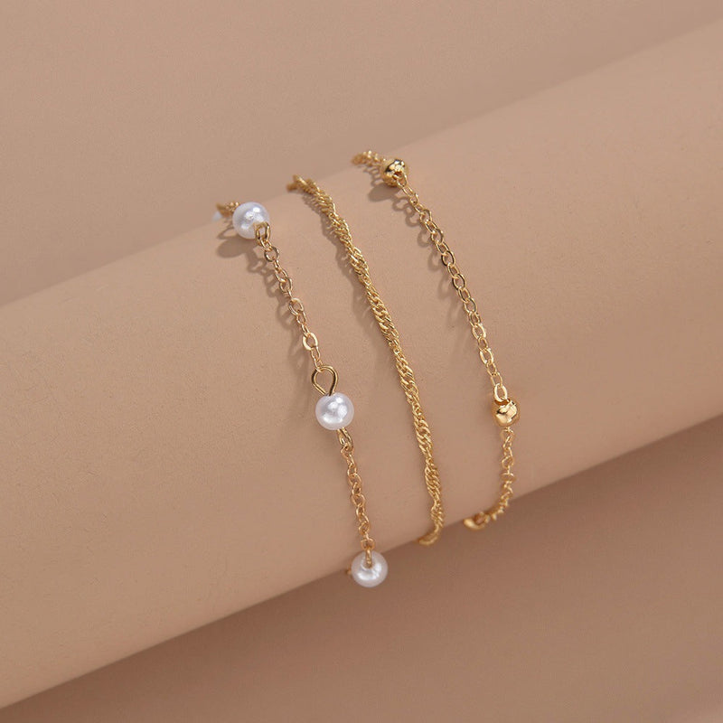 Bohemia Pearl Layer Chain Anklets Set