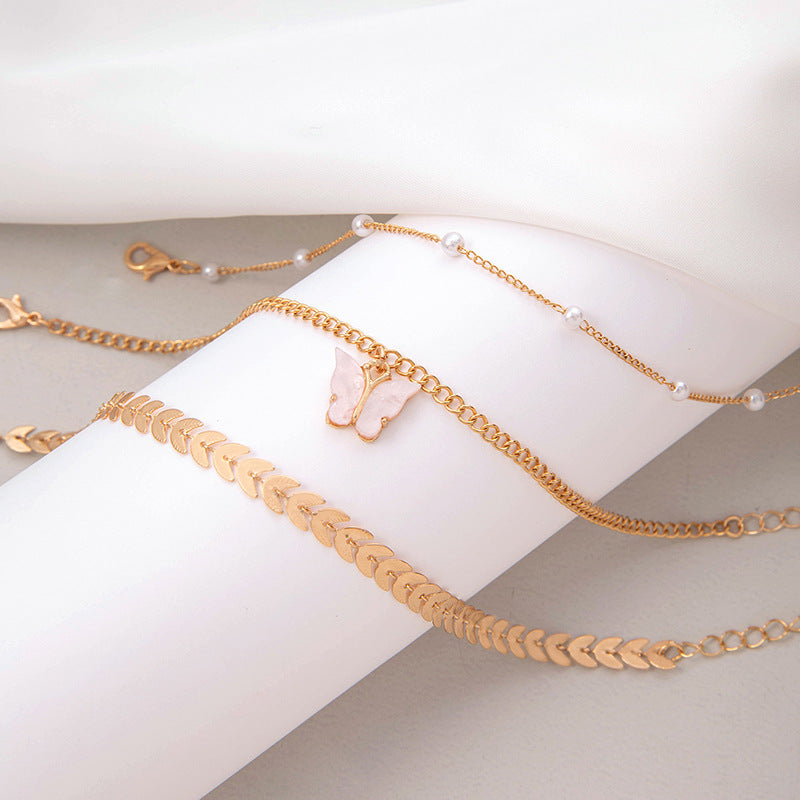 Doubled Layered pink butterfly Anklet Women Jewelry