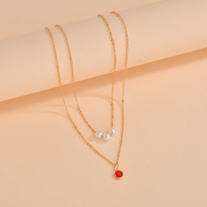 Women Red Crystal Layer Choker Necklace
