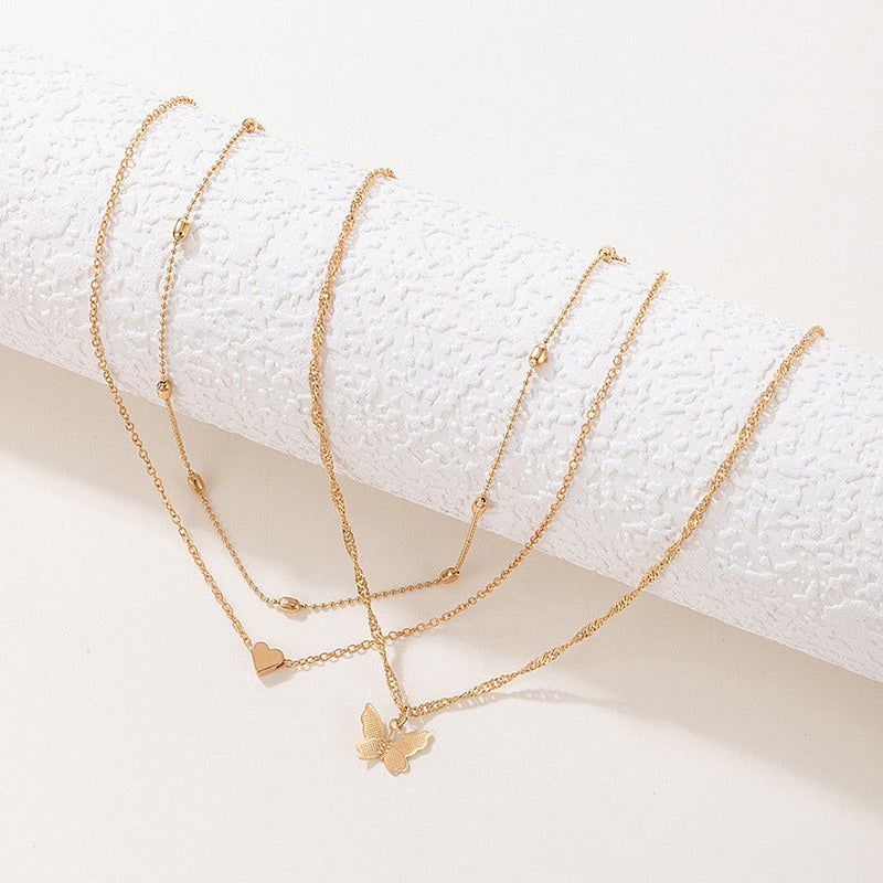 Multi Layers Metallic Chain Butterfly Charm Necklace