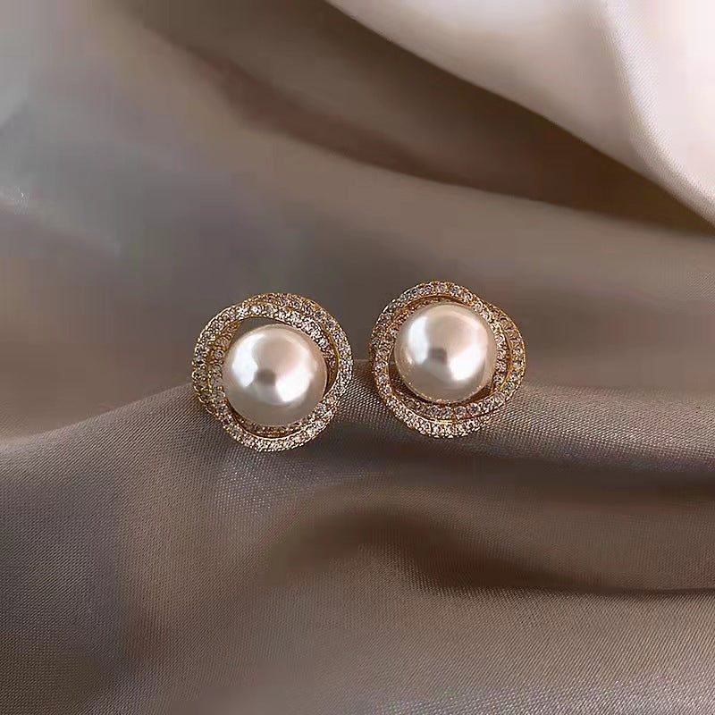 Round Crystal Rhinestone Pearl Stud Earrings