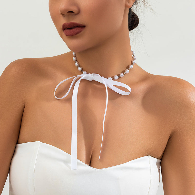 Elegant Pearl Bow Knot Choker Necklace Long Ribbon