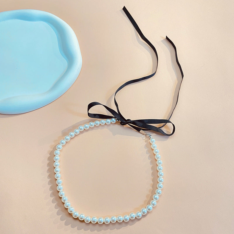 Women Jewelry Long Black Velvet Ribbon Bow Pearl Necklace