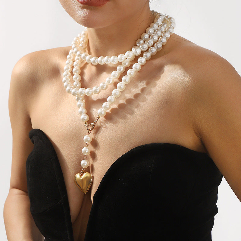 Bohemia Multilayer Long Pearl Chain Necklace Love Heart Pendant