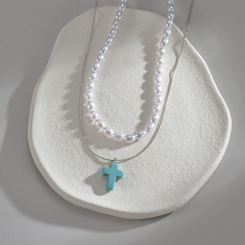Turquoise Cross Pendant Stone Pearl Multi Layer Necklace