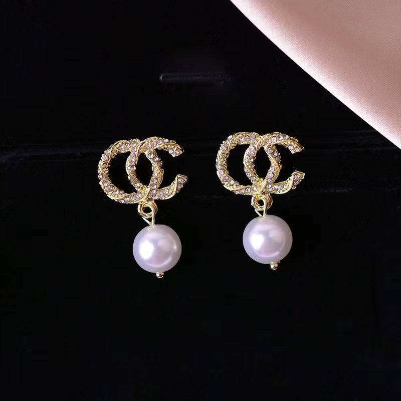 Imitation Pearl Pendant CC Stud Earrings