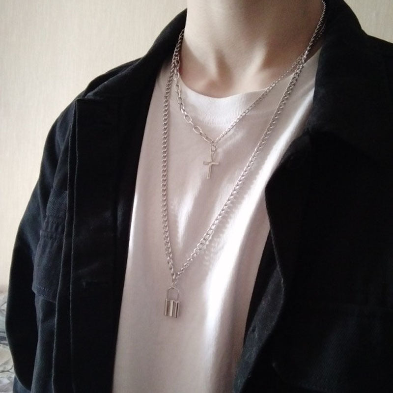 Double Layer Chain Necklace Cross Pendant