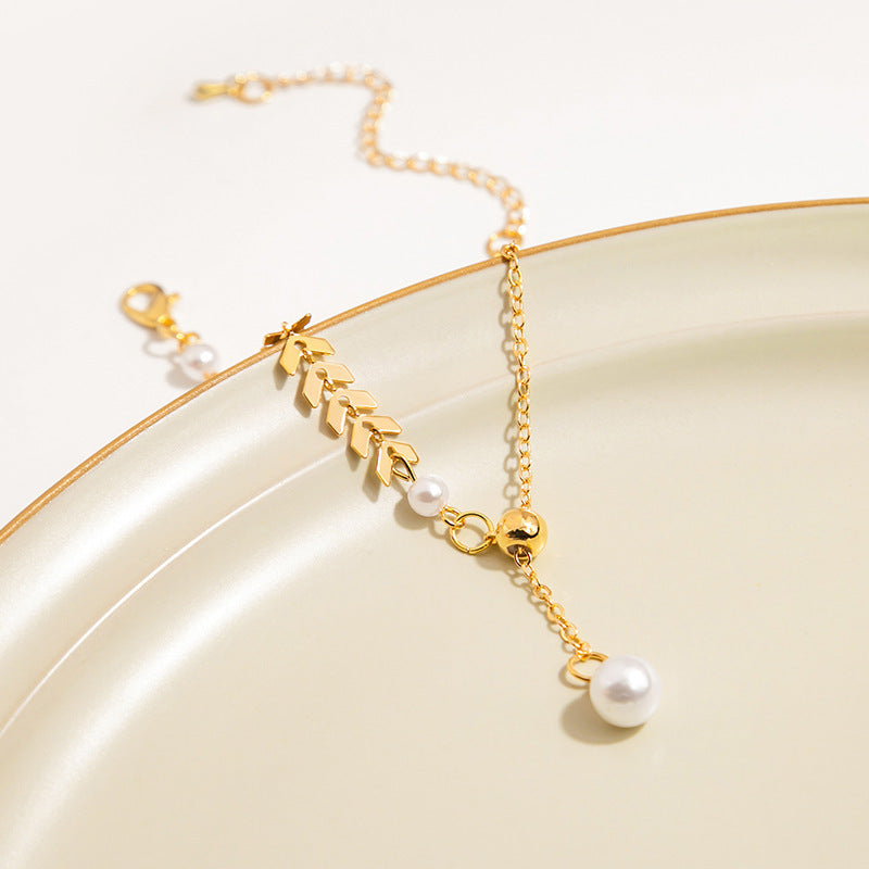 Wheat Pearl Necklace Chic Boho Fish Tail Leaf