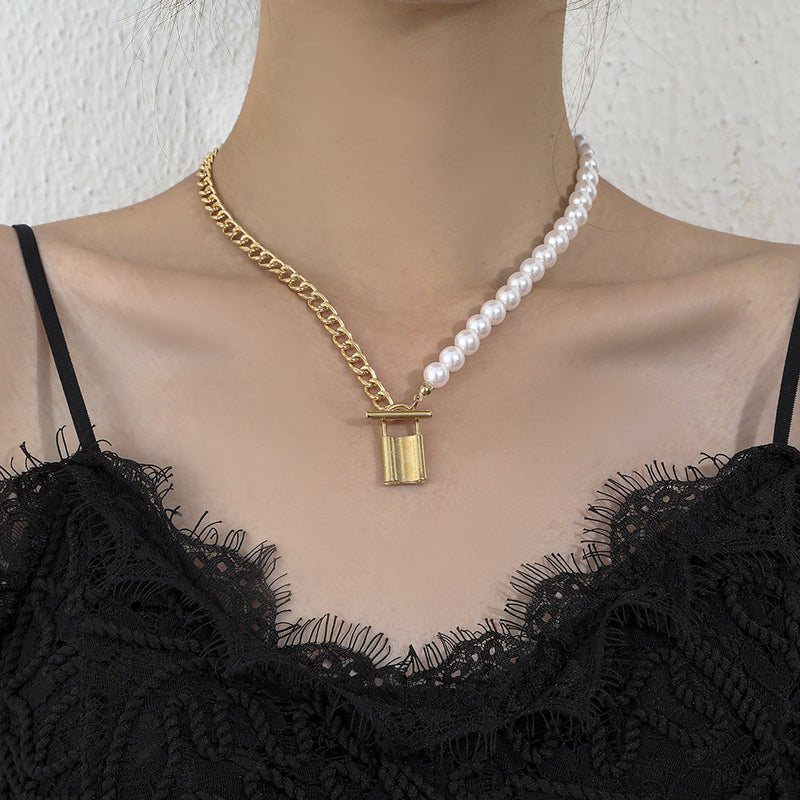 Pearl Chain Bead Link Lock Pendant Necklace