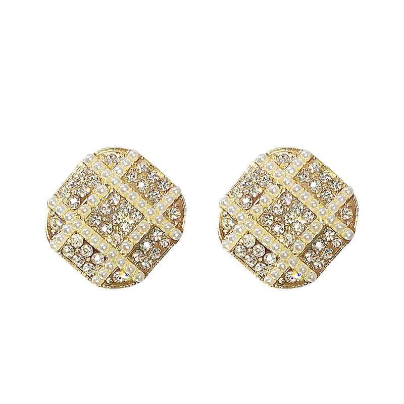 Geometric Rhinestone Small Pearl Square Earrings
