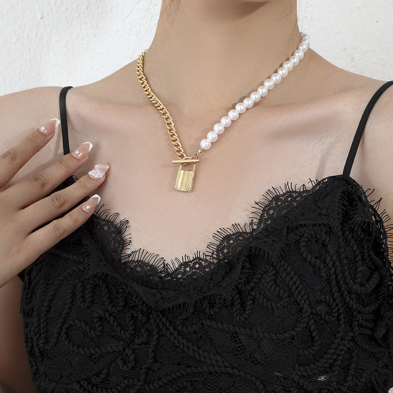 Pearl Chain Bead Link Lock Pendant Necklace