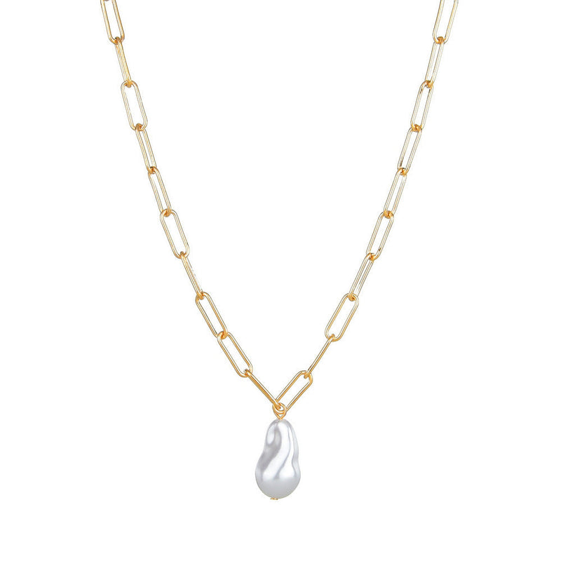 Paper Clip Chain Necklace Baroque Large Pearl Pendant