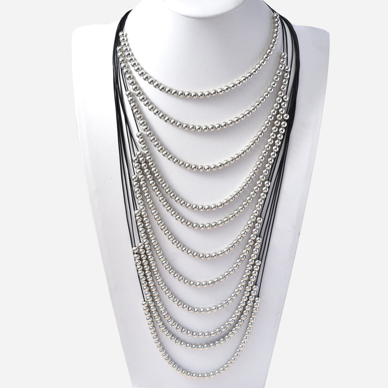 Multi-Layered Necklace Gold Silver Beaded Chains Necklace Sweater Chain
